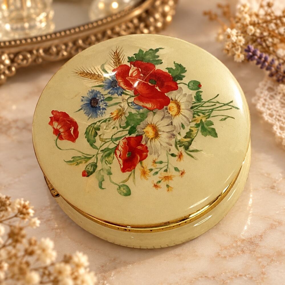 Vintage ArtMark round hinged trinket box with floral poppy motif